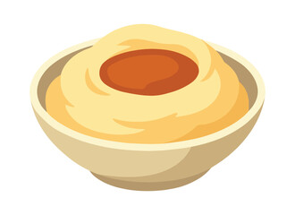 Mashed potatoes with gravy in bowl  - flat vector illustration of creamy potato puree. The vector is isolated on a white background.