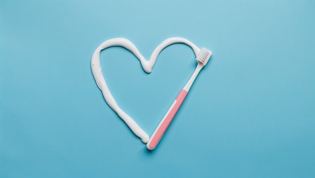 Toothpaste shaped like a heart with a toothbrush on a blue surface. Whitening and refreshing dental cream. Space available for text. Overhead view