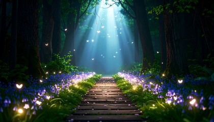 Walking Path Through Forest with Sunlight and Flowers