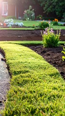 Lush green grass installed in garden beds