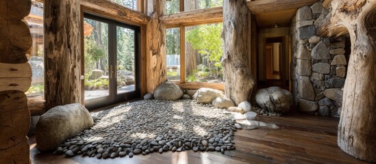 Rustic Log Cabin Interior with Stone Floor