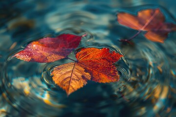 Close-up of decaying leaves drifting on water with a blurred backdrop, featuring vibrant colors and reflections