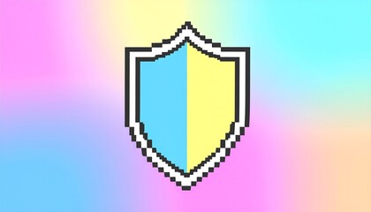 Pixelated shield, split in two colors, light blue and pale yellow, on a pastel background