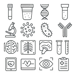 Medical research icons set featuring dna, microscope, bacteria, and x-ray