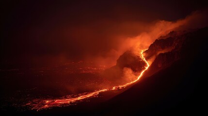 Fototapeta premium Glowing Lava Flowing Down Mountain at Night