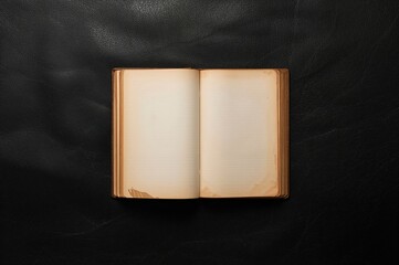 Vintage open book seen from above on a black and white leather surface. Concept for returning to education.