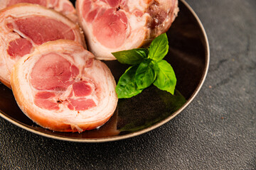 Ham hock with skin jambonneau cooked pork knuckle with rind tasty snack fresh delicious gourmet food background on the table rustic top view copy space