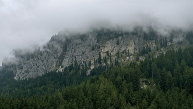Fog-shrouded mountainous region featuring thick pine woods and jagged rock formations in a mysterious wild area