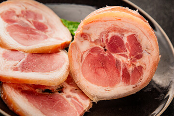 Ham hock with skin jambonneau cooked pork knuckle with rind tasty snack fresh delicious gourmet...