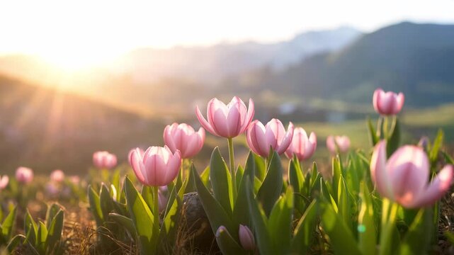 A realistic close-up of pink tulips in a meadow, their petals fast opening and fast swaying in the breeze, while the sky above shows soft clouds drifting across with warm golden sunlight s 4K (3)