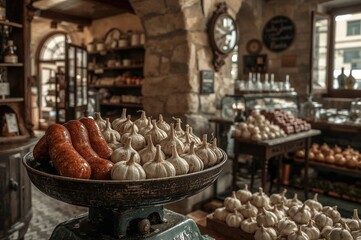 Traditional sausages and garlic displayed on a vintage scale inside a rustic shop interior