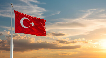The Turkish flag is waving at sunset. Copy space. October 29, Turkish National Day.