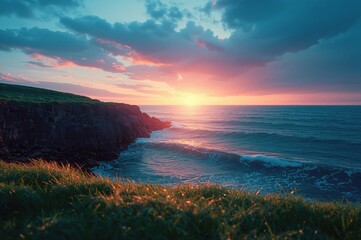 Beautiful rocky shore with sparkling water at sunset over the sea with grass in the foreground
