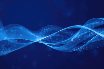 Blue-themed artwork illustrating pharmaceutical technology, healthcare, wave flow, and medical innovation in an abstract science style