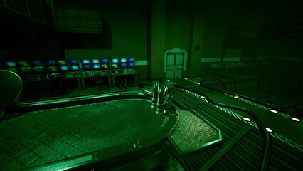Obraz premium The dimly lit control room glows with an eerie green hue, filled with screens and wires. It looks like a secret research facility where advanced technology is at work.