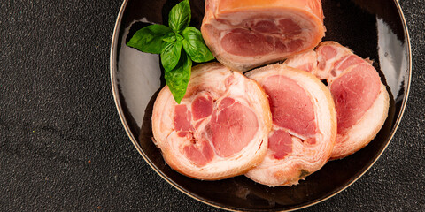 Ham hock with skin jambonneau cooked pork knuckle with rind tasty snack fresh delicious gourmet food background on the table rustic top view copy space