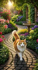 A ginger cat strolls down a sun-drenched garden path lined with vibrant flowers and lush greenery.