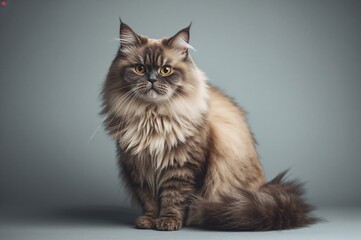 Adorable straight-haired feline seated against a grey backdrop
