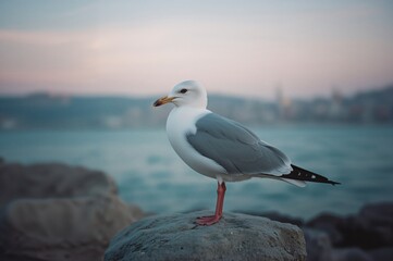 Fototapeta premium Seagull perched on a coastal rock by the sea