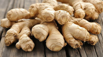 Fototapeta premium Fresh ginger roots pile close up on wooden background. Natural spice with bold aroma and health benefits. Perfect for cooking, Asian cuisine, tea, immunity, organic products and wellness photography.