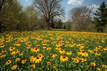 Obraz premium Vibrant yellow and orange blossoms in a lush spring landscape with verdant fields and thriving trees