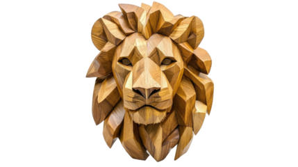 A wooden lion head sculpture on a white background - png