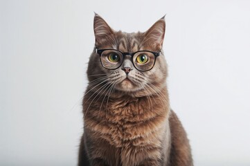 Glasses-wearing Scottish Straight feline against a plain white backdrop
