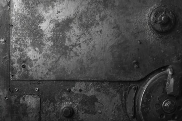 Worn and tarnished copper surface with scratches and dust, vintage metallic backdrop. Overcast and scratched brass texture. Monochrome photograph.