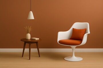 Modern Living Room with White Swivel Armchair, Wooden Side Table, and Minimalist Terracotta Wall