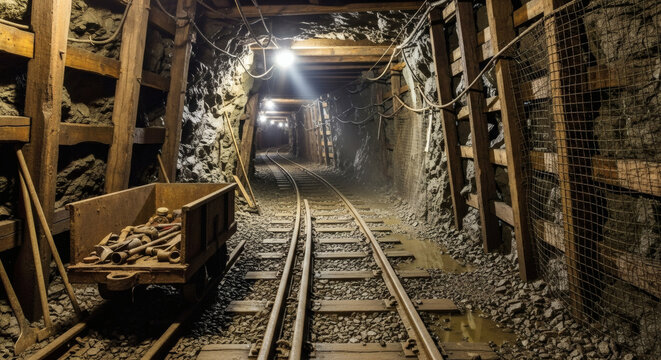 Old train on rusty tracks disappearing into a tunnel surrounded by steel rails and railway junctions - Powered by Adobe