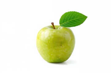 Single mature green apple accompanied by a green leaf on a white backdrop. Apple and leaf with clipping path
