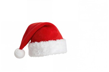 Lone Christmas hat in bright red displayed against a plain white backdrop, positioned at the corner of a white frame