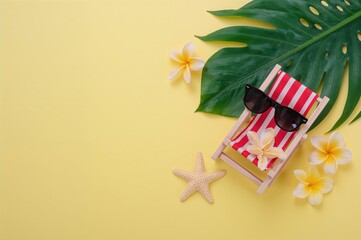 Mini beach chair, starfish, sun glasses, and tropical flowers on a bright yellow surface with room for text
