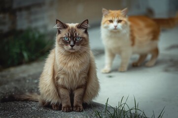 Siamese Cat Resting on a Hard Ground, Yellow Cat on a Light-Colored Floor
