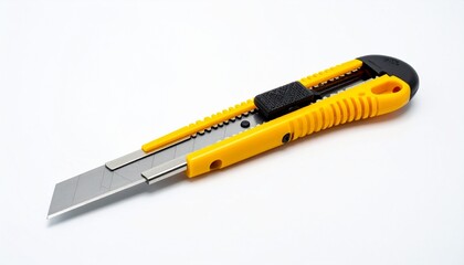 utility knife with yellow casing on white background