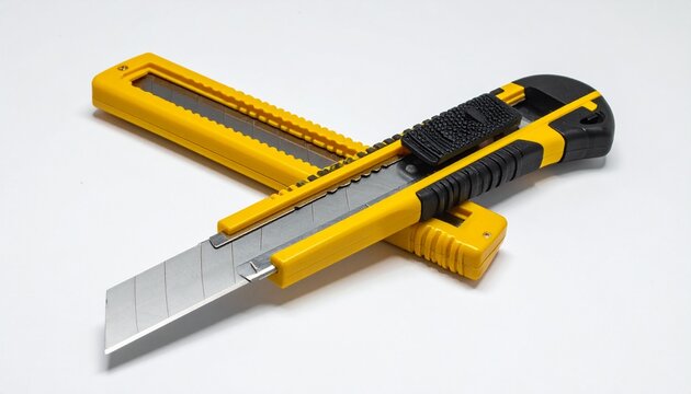 sharp utility knife with durable yellow casing isolated on clean white background, hand tool for cutting and repair
