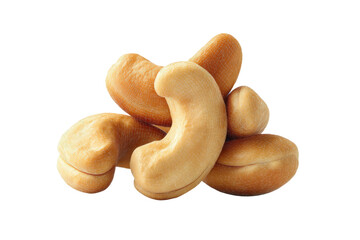 Close-up of raw cashew nuts on black background: textured surface details, cut out