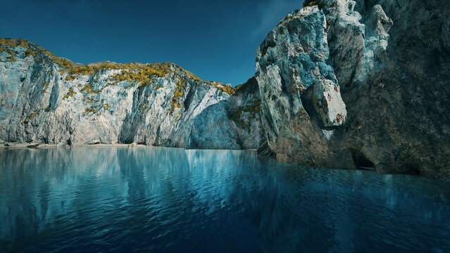 A stunning view of calm blue water surrounded by towering cliffs, showcasing vibrant greenery atop the rock faces. A peaceful scene that invites relaxation and reflection at this beautiful location.