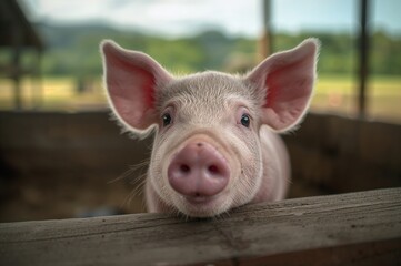 Tiny piglet anticipating food inside a barn. Swine resting in a pen with a soft focus. Animal close-up portrait with closed eyes.
