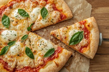 Homemade cauliflower pizza base topped with mozzarella, cheese, and fresh basil in a baking tray on a wooden surface.