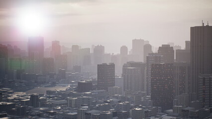 Fototapeta premium Early morning reveals a city skyline enveloped in mist, soft light filtering through buildings. The tranquil atmosphere hints at a new day beginning in an urban landscape.