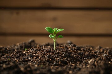 Tiny seedling growing on a mound of earth in a garden setting