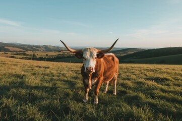 Rustic countryside view with a brown and white bull in a field