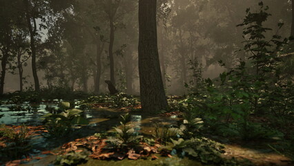 Sunlight softly breaks through the trees in a tranquil forest. A gentle stream winds through lush greenery, creating a peaceful atmosphere filled with natures beauty.