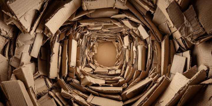 Cardboard tunnel made from recycled carton boxes creating abstract spiral design - AI generated