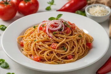 Pasta tossed with ripe tomatoes, sliced red onions, and spicy chili peppers, close-up shot