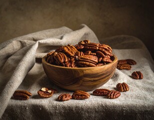 Pecans scattered on linen cloth, dramatic vintage look