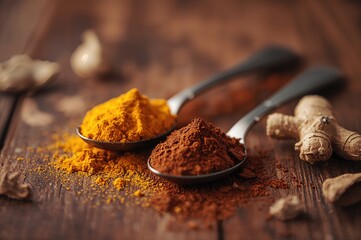 Assorted Spice Spoons Arranged on a Surface Featuring Turmeric, Curry, and Ginger with Retro Color Effects