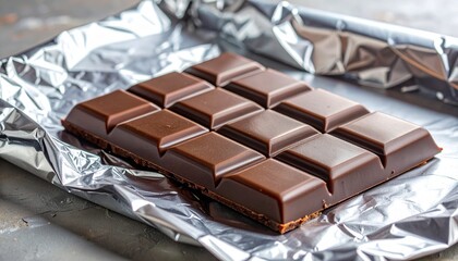Glossy segmented chocolate bar on crinkled aluminum foil, arranged in a 3x5 grid with smooth texture and rich brown tones.