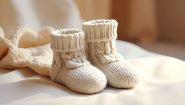Soft knitted baby booties on a light surface
